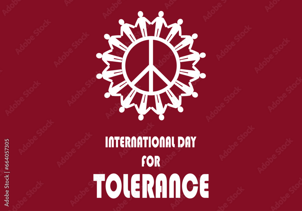 Día internacional de la tolerancia. Personas en círculo sobre el símbolo de la paz en blanco sobre fondo rojo. Personas unidas para la paz