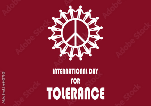 Día internacional de la tolerancia. Personas en círculo sobre el símbolo de la paz en blanco sobre fondo rojo. Personas unidas para la paz