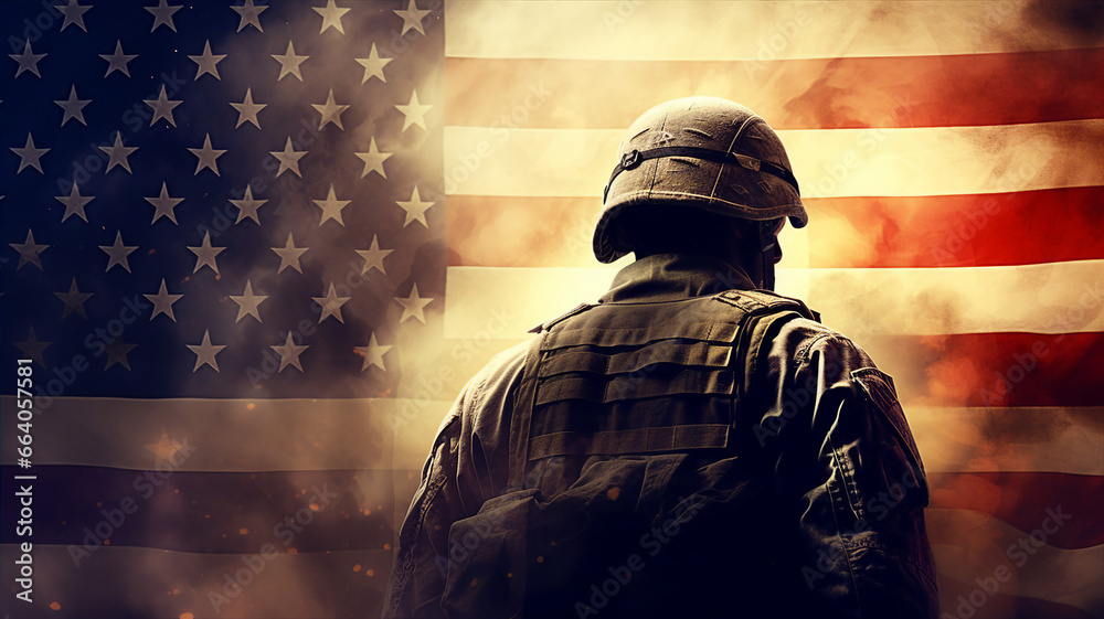 USA Memorial Day, military soldier silhouette, american flag background USA Memorial Day, military soldier silhouette, american flag background