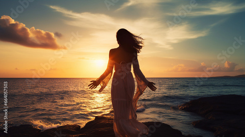 Happy woman, dreamer, sunset sky and sea