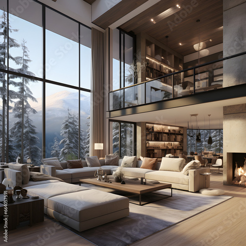 Elegant Winter Retreat, Modern Double Height Living Room in Neutral Tones © NE97