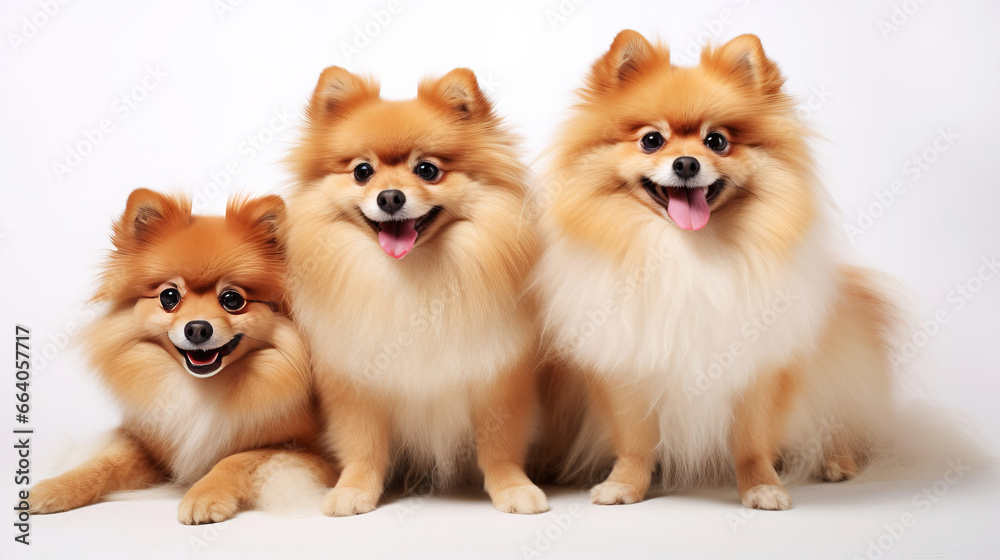 Close-up of three cute German Spitz dogs.
