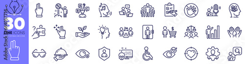 Social distance, Search puzzle and Group line icons pack. Do not touch, Click hand, Disability web icon. Helping hand, Court jury, Farsightedness pictogram. Anxiety, Safe water, Discount. Vector