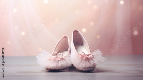 A pastel pink background with a pair of ballet slippers