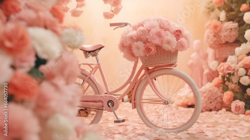 A pastel coral background with a retro-style bicycle. © Leah