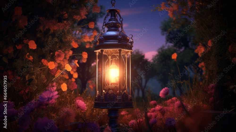 An Isolated Illuminated Lantern in an Enchanted Garden An Isolated Illuminated Lantern in an Enchanted Garden