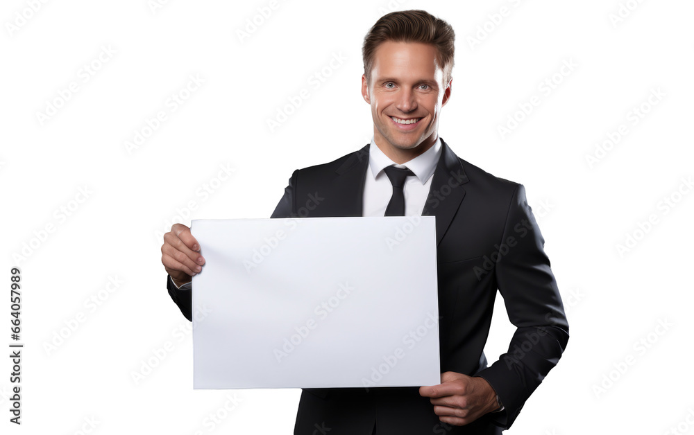 Smiling entrepreneur holding blank paper sheet banner. Free copy space Smiling entrepreneur holding blank paper sheet banner. Free copy space