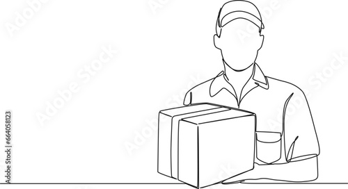continuous single line drawing of package delivery person holding parcel, line art vector illustration