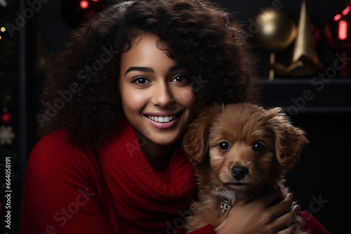 Young 20-year-old women dark skinned with dark curly hair, attractive, holding a small dog on Christmas Eve. Portrait. Close up. Generative Al.