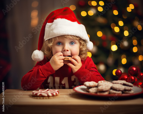 Little blond kid in a cute hat eating a Christmas cookie