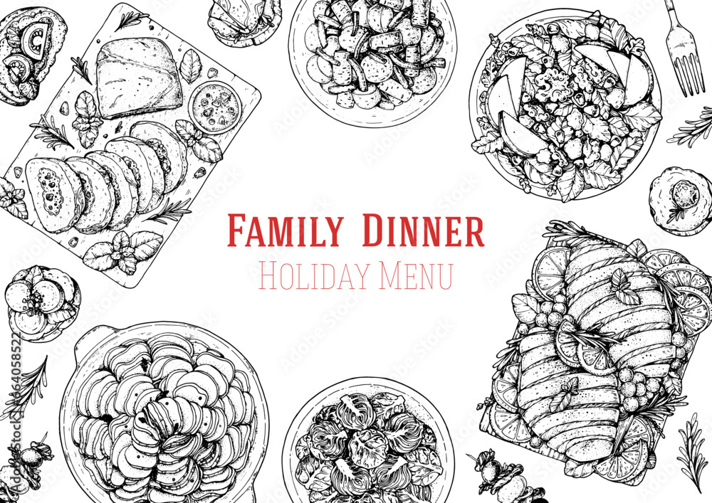 Family dinner. Holiday menu. Food design template. Engraved style background. Food and drink set. Hand drawn sketch, design template.