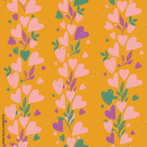 Romantic floral hearts pattern with leaves in clusters, bunches. Vector illustration. Valentine's Day design