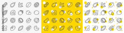 Hazelnut, Almond nut and Peanut. Nuts and seeds line icons. Sunflower and pumpkin seeds, Brazil nut, Pistachio icons. Walnut, Coconut and Cashew nuts. Pecan, peas, macadamia. Vector