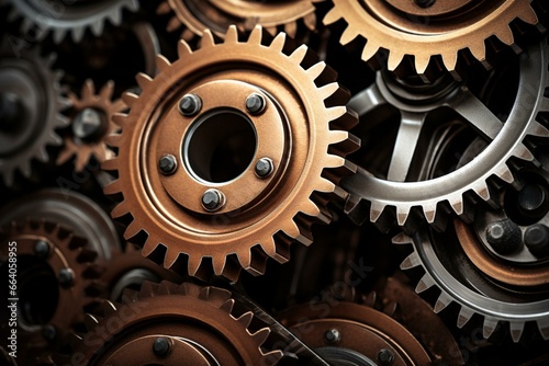 Close-up of vintage industrial gear wheels. Depicting machinery parts in the industrial sector. Generative AI