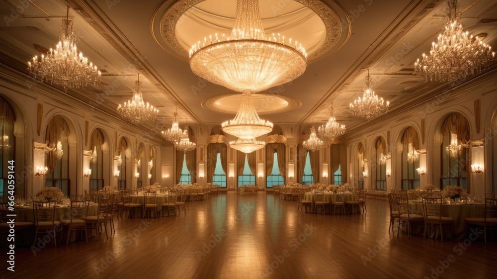Obraz premium Elegant and ornate chandeliers suspended from ceilings, casting a warm and inviting glow in grand ballrooms and luxurious settings