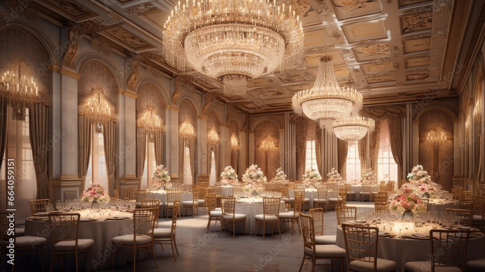 Elegant and ornate chandeliers suspended from ceilings, casting a warm and inviting glow in grand ballrooms and luxurious settings