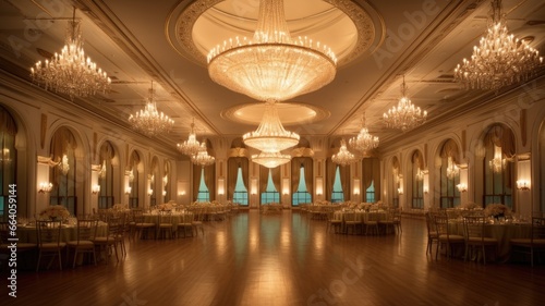Elegant and ornate chandeliers suspended from ceilings, casting a warm and inviting glow in grand ballrooms and luxurious settings