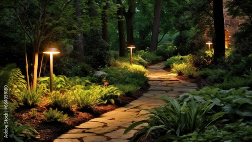 Landscape lighting illuminating outdoor gardens, pathways, and outdoor structures, enhancing the beauty and safety of outdoor spaces
