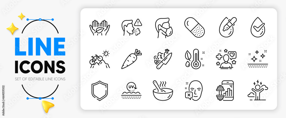 Mountain bike, Fair trade and Cough line icons set for app include Medical mask, Capsule pill, Thermometer outline thin icon. Cook, Dermatologically tested, Carrot pictogram icon. Vector