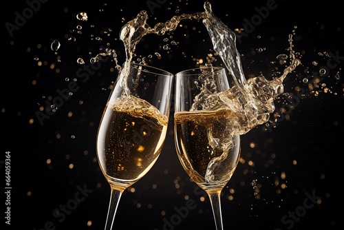 Toasting Champagne Flutes, Cheers champagne with splashing out of glass isolated on black shiny celebration background.