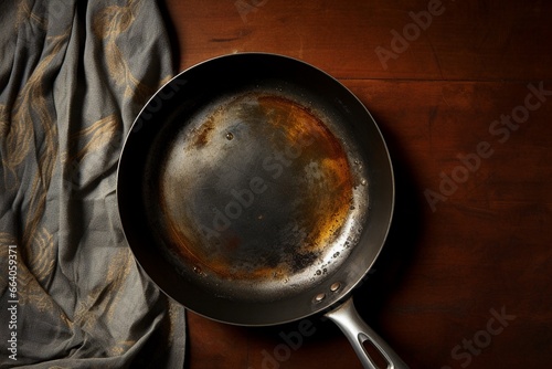 Flat lay of old vintage black cast-iron frying pan isolated on retro wooden background, with copy space. photo