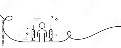 Coronavirus two injections line icon. Continuous one line with curl. Corona vaccine syringe sign. Covid jab symbol. Coronavirus injections single outline ribbon. Loop curve pattern. Vector