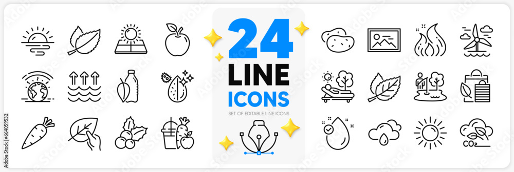 Icons set of Sunrise, Mint leaves and Apple line icons pack for app with Sun, Vitamin e, Sun energy thin outline icon. Lounger, Water bottle, Christmas holly pictogram. Evaporation. Vector