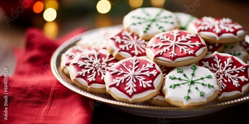 Christmas and New Year celebration traditions, festive sweets, homemade gingerbread cookies decorated with red and green icing and mastic, on christmas table with copy space.