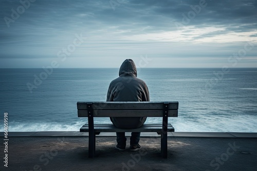 Man sitting on bench overlooking sea - AI Generated