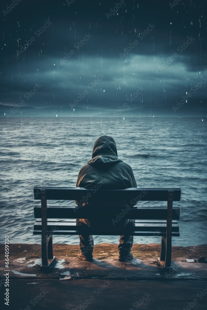 Fototapeta premium Man sitting on bench overlooking sea - AI Generated