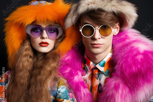 Glam rock style. Portrait of a glamorous attractive couple in fashionable bright clothes and glasses against a studio background.