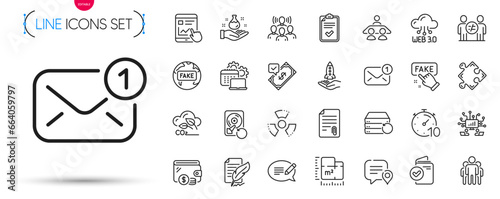 Pack of Strategy, New message and Fake news line icons. Include Message, Chat bubble, Attachment pictogram icons. Recovery hdd, Checklist, Floor plan signs. Chemical hazard. Vector