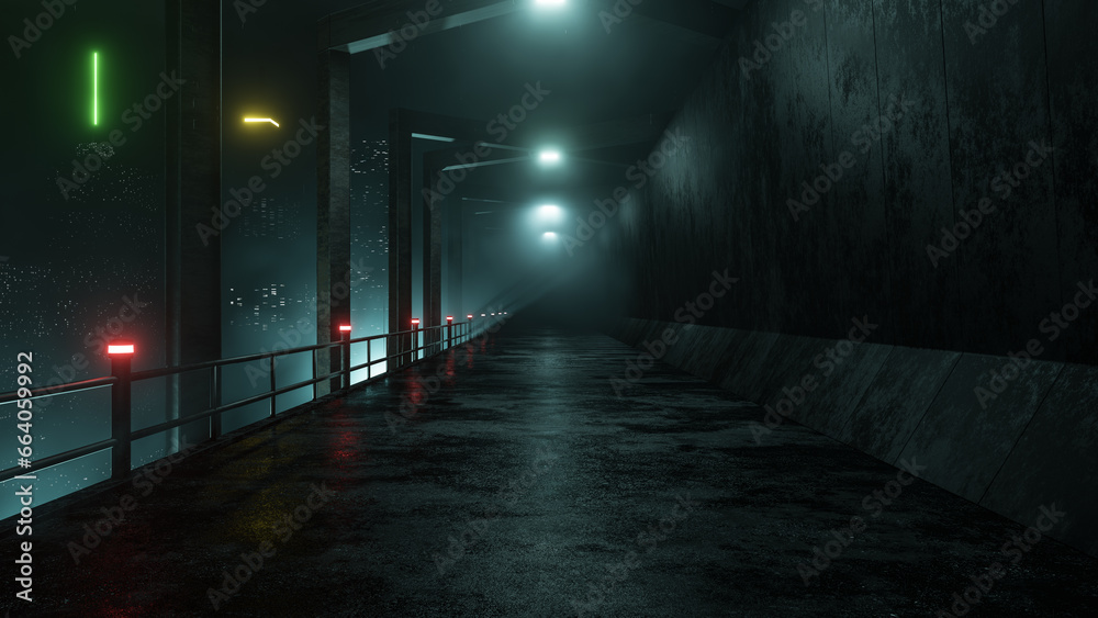 Art Cyberpunk City Landscape With Mysterious Atmosphere, Old Wet Asphalt And Skyscrapers. Sci-Fi City Without People. Retro Style. Tomorrow Aesthetic For Banners, Posters, Templates. Fashion Render De