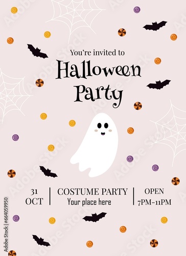 Halloween party invitation template with sweets and ghost.Happy halloween illustration.