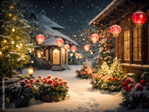 Merry christmas and happy new year concept. Exterior of a suburban house decorated with garland for holidays © Natallia