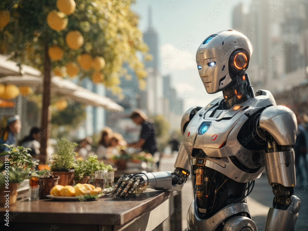 AI robots helping humans to work. futuristic city showing prosperity and everyone living in harmony AI robots helping humans to work. futuristic city showing prosperity and everyone living in harmony