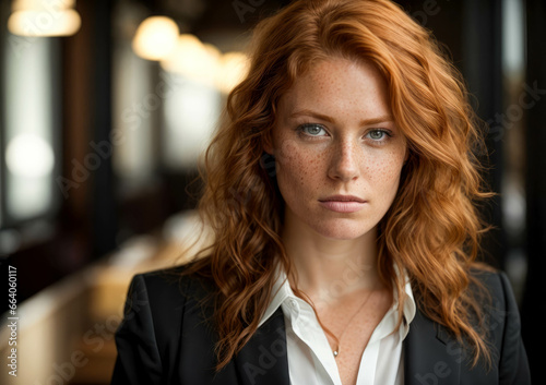 portrait of a red-haired woman in a business suit in the office © Natallia