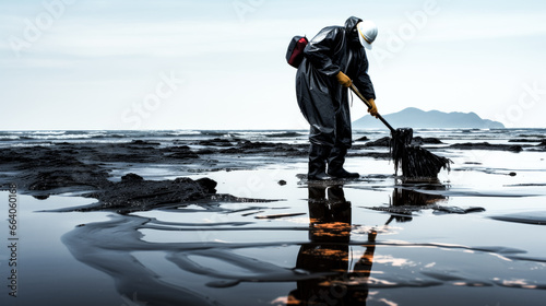 A worker is seen cleaning up an oil spill that has fouled the beaches, causing harm to the environment and wildlife. photo