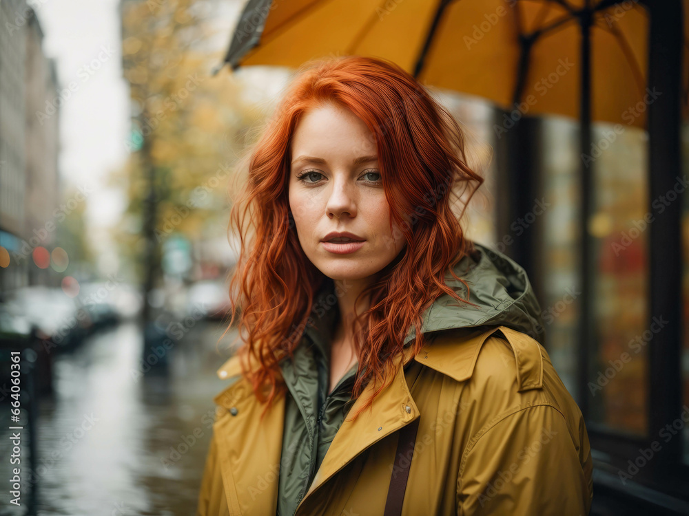Close up portrait of a beautiful red haired girl in raincoat dress. Amazing model looking at camera.Warm art work Close up portrait of a beautiful red haired girl in raincoat dress. Amazing model looking at camera.Warm art work