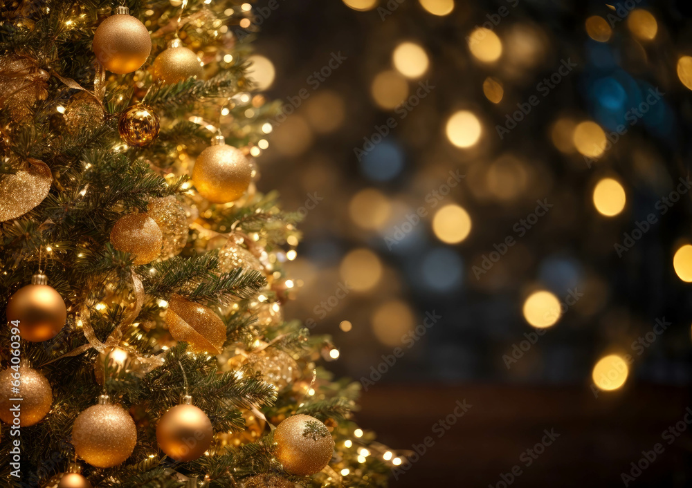 Golden Christmas tree with bokeh lights background. Xmas abstract glowing decorations