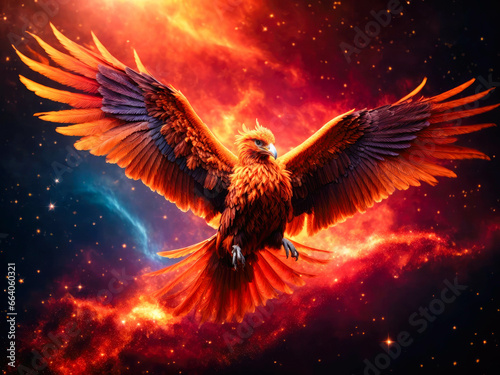 a majestic phoenix bird spreading glowing wings. spiritual animal awakening concept. magical fantasy epic wallpaper © Natallia