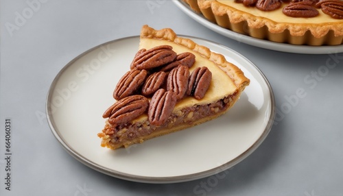Pecan baked pie piece. Autumn vintage walnut sweet dessert