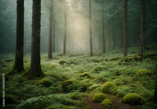 Fairy tale spooky looking woods in a misty day. Cold foggy morning in forest. haven for all