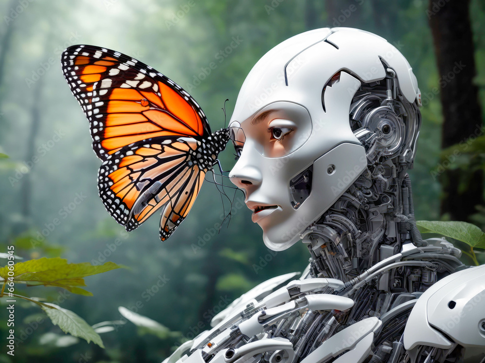 Robot holding a butterfly. a cyborg observing a butterfly