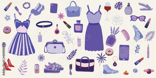  Stylized fashion accessories in children's style in purple shades. Vector illustration.Set of doll clothes