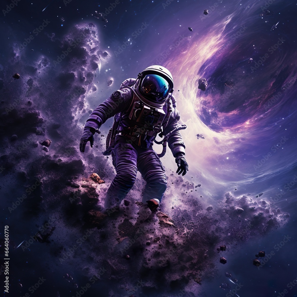 galaxy covered in a purple and rest cosmic dust with an astronaut flighing around galaxy covered in a purple and rest cosmic dust with an astronaut flighing around