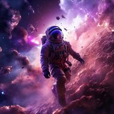  galaxy covered in a purple and rest cosmic dust with an astronaut flighing around
