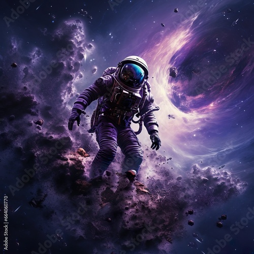  galaxy covered in a purple and rest cosmic dust with an astronaut flighing around