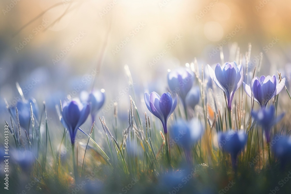 Blue crocus flowers in a serene spring meadow with sunlit abstract backdrop. Generative AI