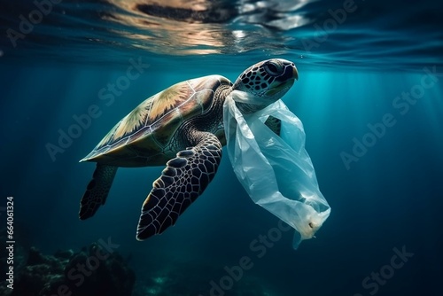 Underwater global problem with plastic waste polluting the oceans. Turtle trapped in plastic bag. Generative AI